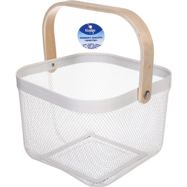 фото Корзина для хранения металлическая с деревянной ручкой «фарго», цвет молочный, 24*24*18*см