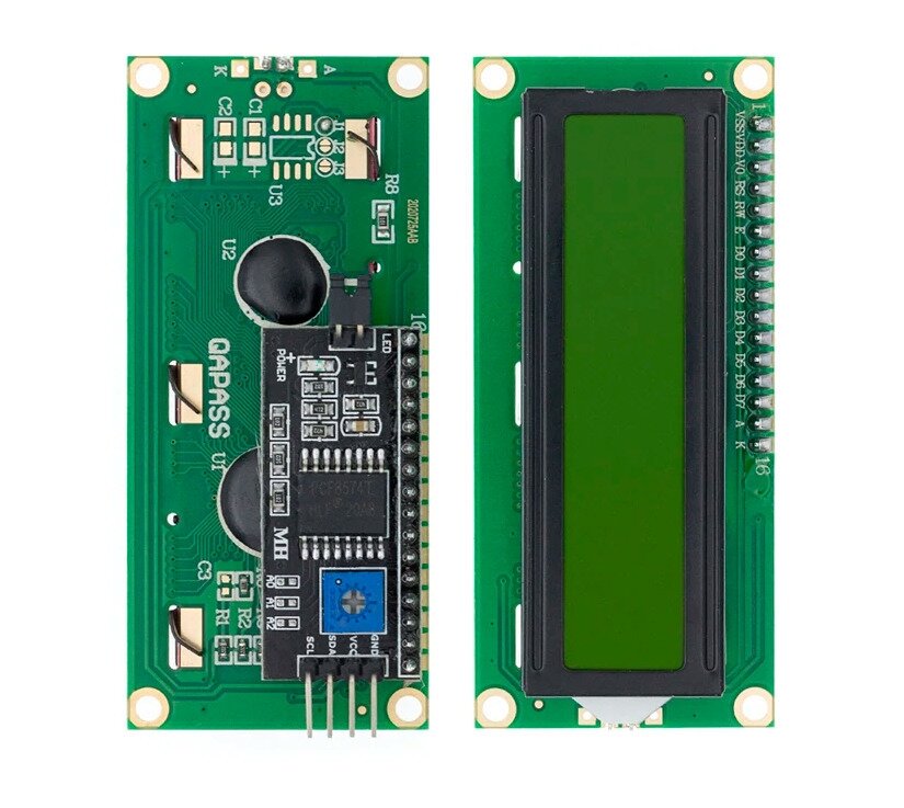 Символьный LCD дисплей 1602 16х2 знака зеленый с I2C адаптером