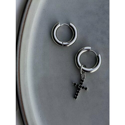 Серьги конго, фианит, серебристый/черный