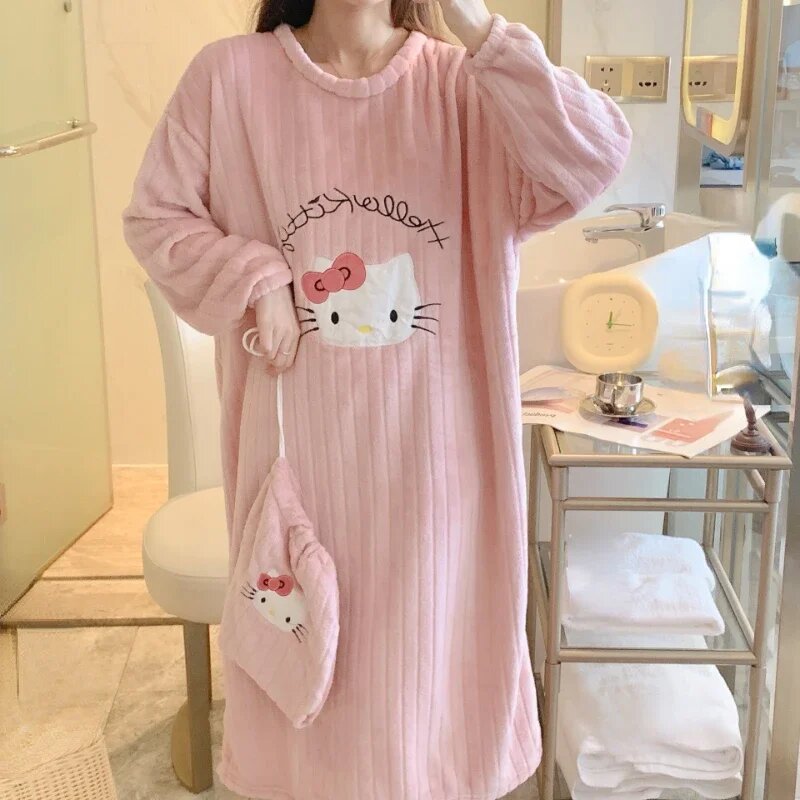 Ночная рубашка Hello Kitty зимняя женская пижама с длинным рукавом утепленные фланелевые теплые ночные рубашки женские свободные ночные рубашки домашняя одежда, Hello kitty, M 160CM