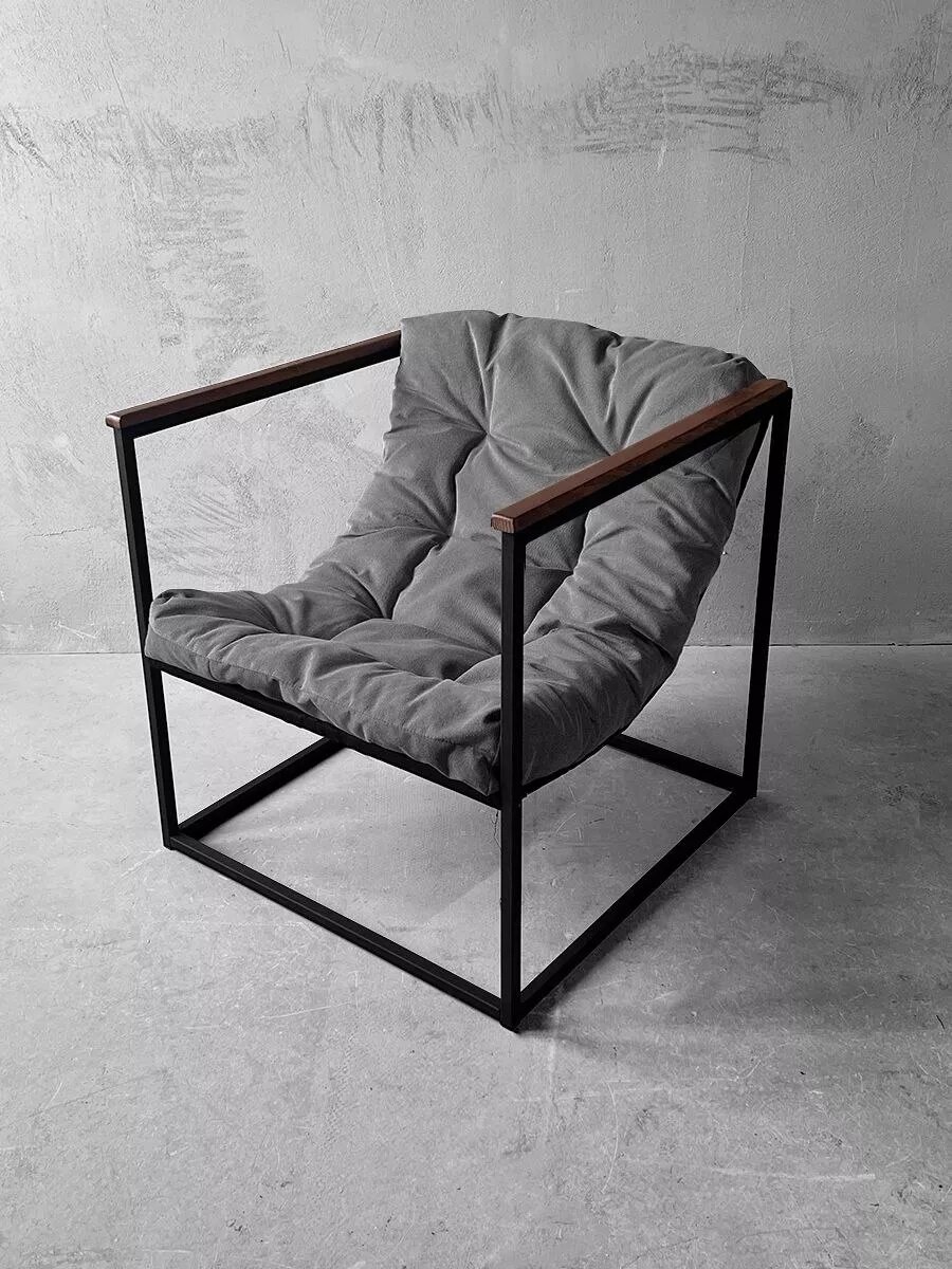 Кресло мягкое удобное для отдыха, уличное, на балкон, на веранду, в стиле лофт, минимализм, Лофтовик ++ серый велюр