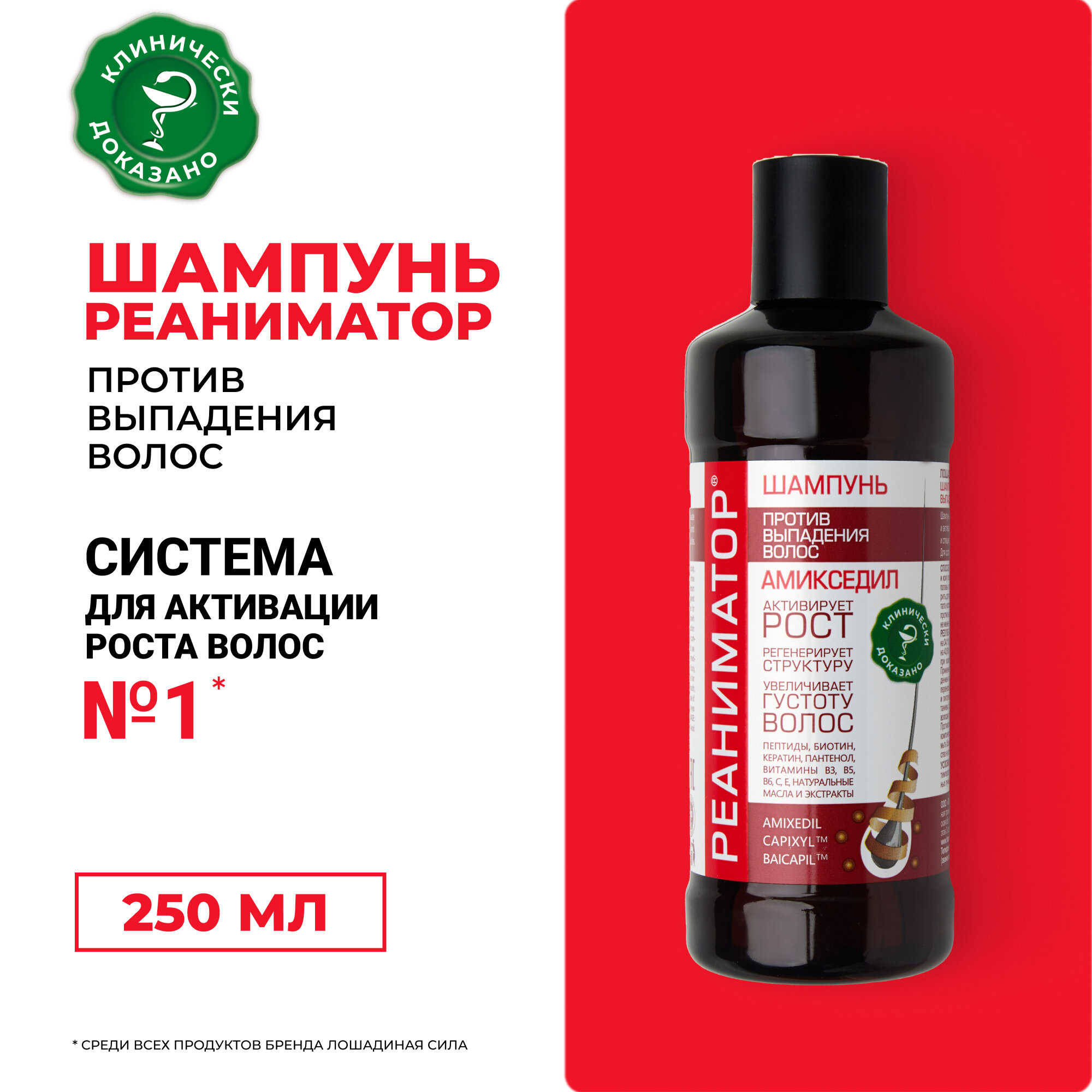 Шампунь для волос женский и мужской РЕАНИМАТОР лечебный, от выпадения волос Лошадиная Сила 7 натуральных экстрактов, 250