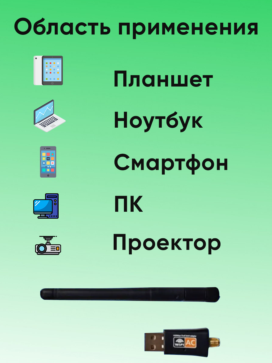 WiFi Адаптер для компьютера USB 2,4 Ггц, 5 Ггц до 600 Мбит/с (433 + 150 Мбит/с) RTL8811 для ПК, 802.11b/g/n со встроенной антенной / Вайфай адаптер для ПК /Беспроводной WiFi приемник для компьютера — фото 1