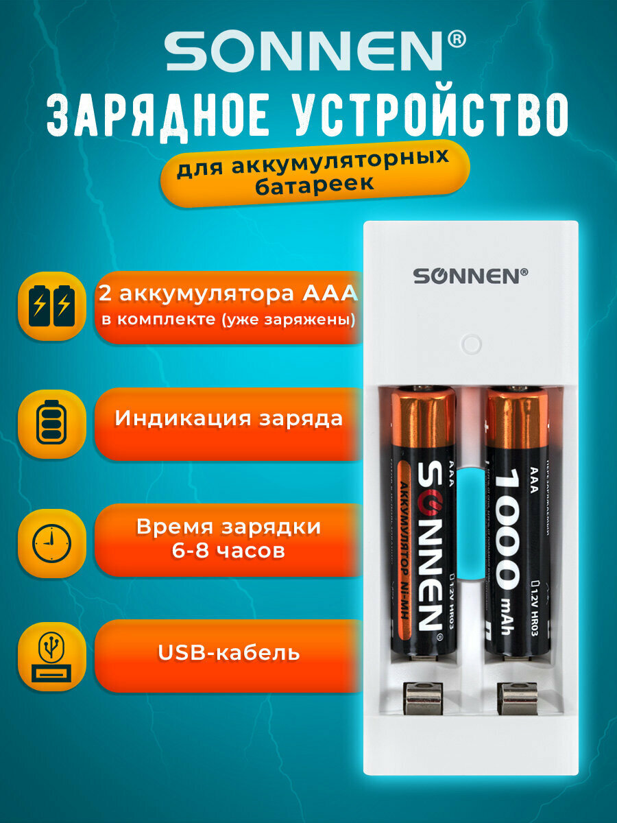 Зарядное устройство для мизинчиковых батареек зарядка с аккумуляторами 2 штуки ААА (HR03) 1000 mAh Sonnen Bc2 в блистере 455004