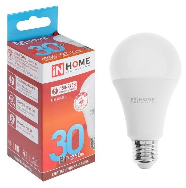 Лампа светодиодная IN HOME LED-A70-VC, Е27, 30 Вт, 230 В, 4000 К, 2850 Лм