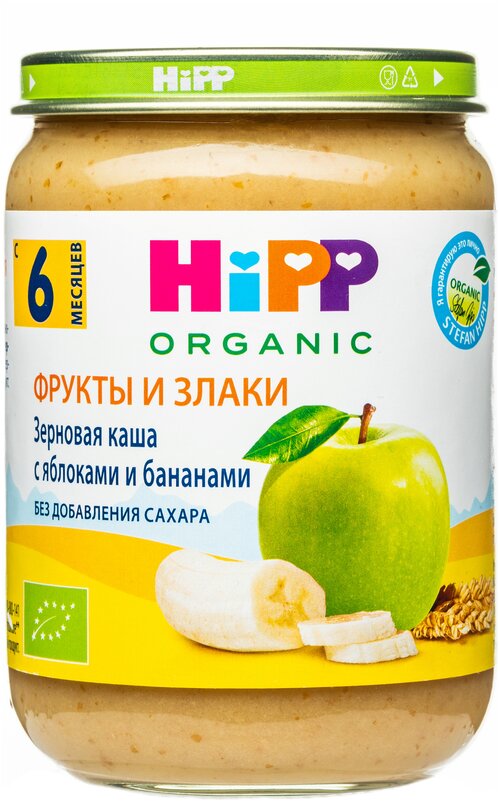 Каша HiPP органическая безмолочная зерновая с яблоком и бананом, с 6 месяцев, 190 г