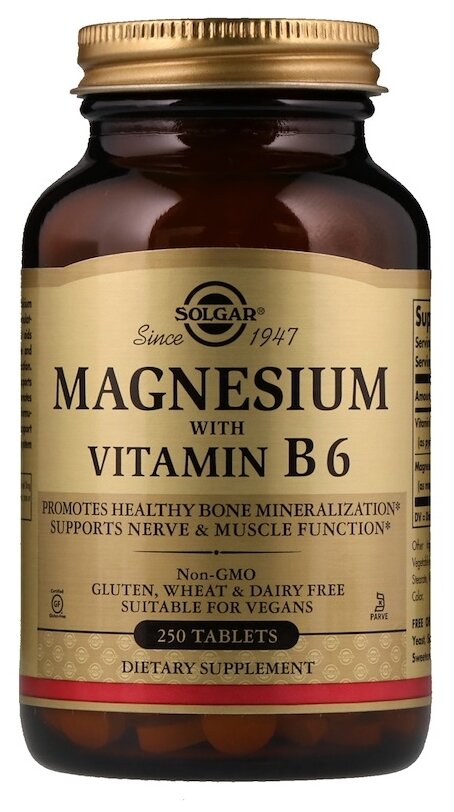 Комплекс Solgar "Magnesium with Vitamin B6", для нервной системы и сосудов, 250 табл. — фото 1