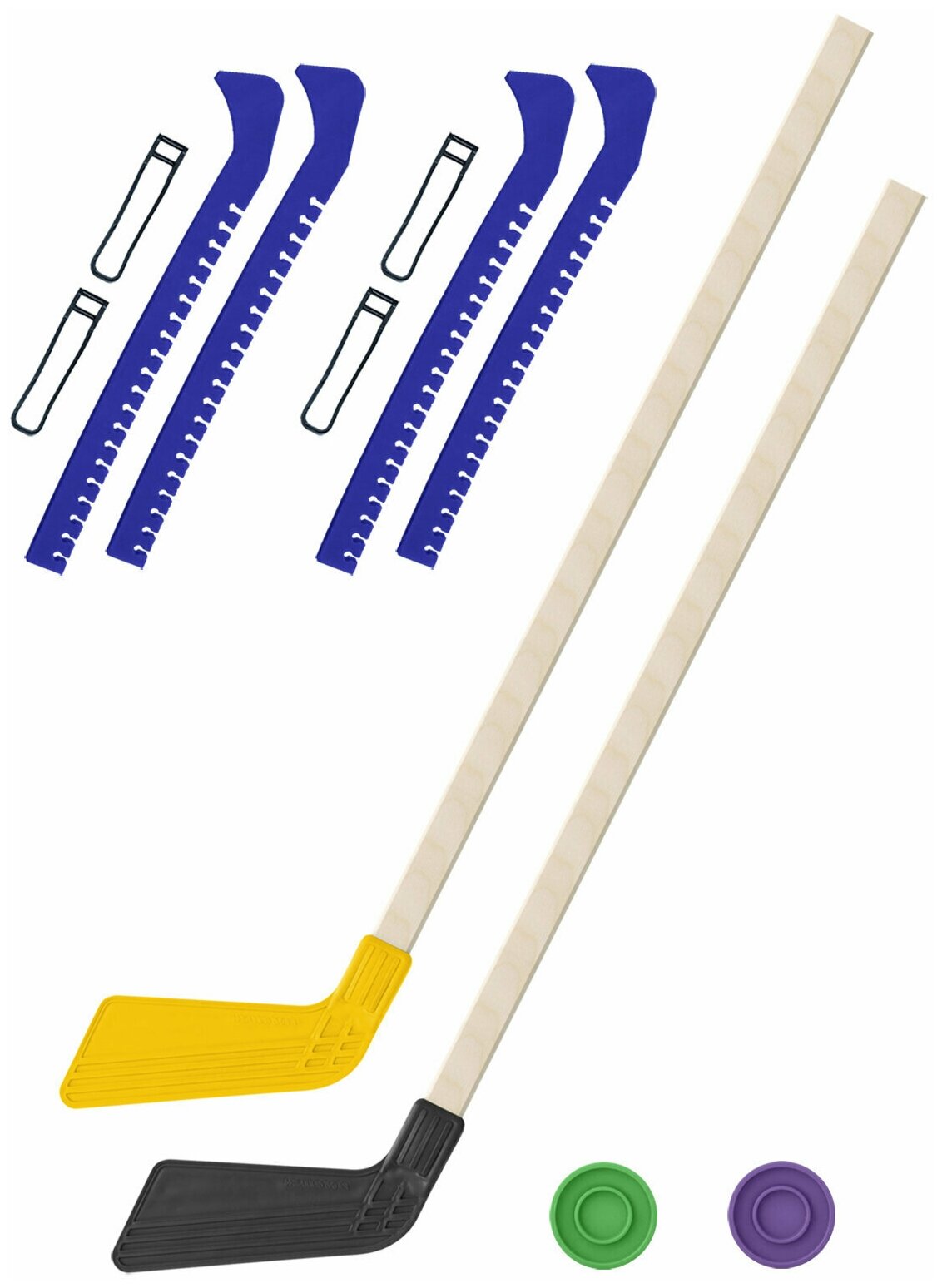 Детский хоккейный набор для игр на улице Клюшка хоккейная детская 2 шт жёлтая и чёрная 80 см. + 2 шайбы + Чехлы для коньков синие - 2 шт.
