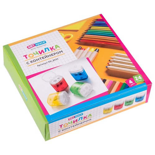 Точилка пластиковая ArtSpace, 2 отверстия, контейнер, ассорти, 24 шт.