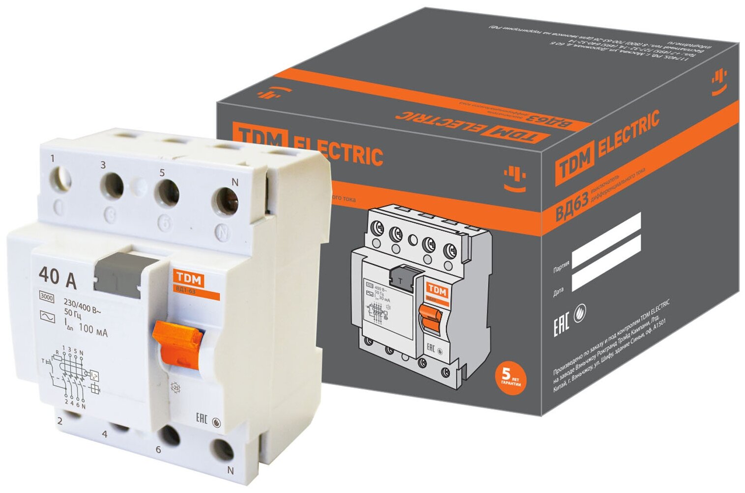 Устройство защитного отключения ВД63 4Р 40А 100мА (электронное) TDM