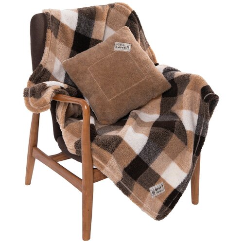 Комплект плед из овечьей шерсти и подушка коричневый клетка