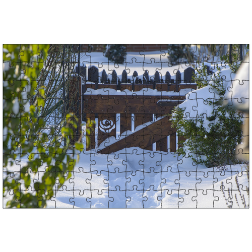 фото Магнитный пазл 27x18см."садовые ворота, изгородь, снег" на холодильник lotsprints