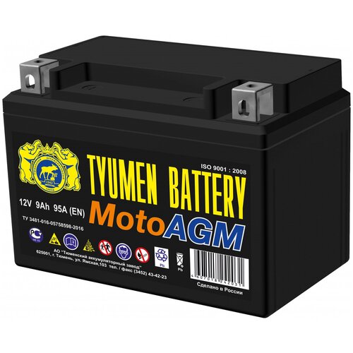 Аккумулятор Тюмень Мото AGM прямая полярность 12В 9 А/ч ток 95А 150 х 86 х 105 6МТС9AGM