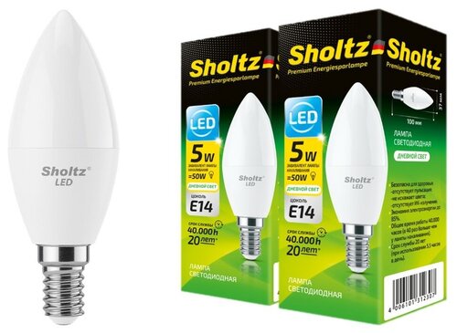 Комплект из 2 светодиодных энергосберегающих ламп Sholtz свеча С37 5Вт E14 4200K 220В пластик (Шольц) LEC3123D