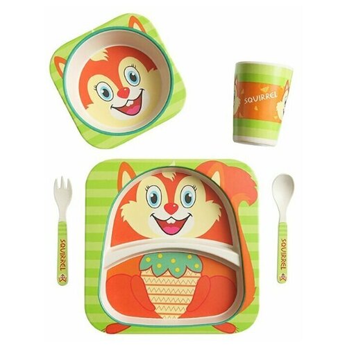 фото Детский столовый набор, тарелка, миска, ложка, вилка, стакан, цвет зеленый, 27х25х10 см, baby fox bf- bowl-50