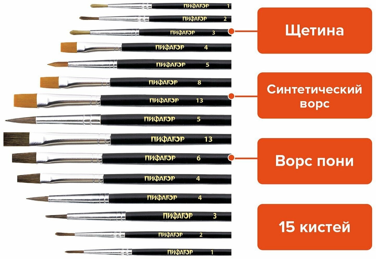 Набор кистей Пифагор пони, синтетика, щетина 200504, №13, 15 шт., блистер - фото №19