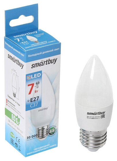 Smartbuy Лампа cветодиодная Smartbuy C37 E27 7 Вт 6000 К холодный белый свет