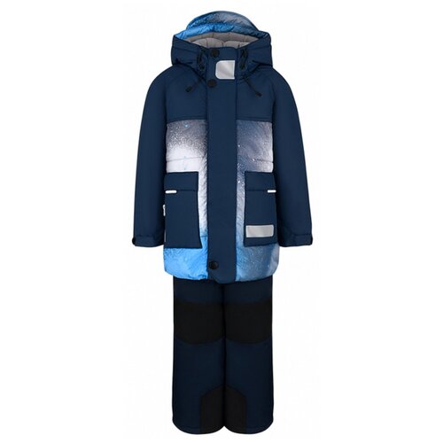 Комплект с полукомбинезоном Oldos зимний, светоотражающие элементы, защита от попадания снега, капюшон, карманы, размер 98, синий