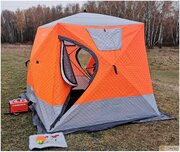 Утепленная зимняя палатка шатер для рыбалки Terbo-Mir Куб 1, трехслойная, размеры 2,4 х 2,4 х 2,2 м, оранжевая