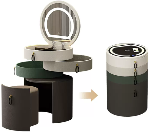 Туалетный столик трансформер круглый с пуфиком и зеркалом (обивка технологическая ткань)