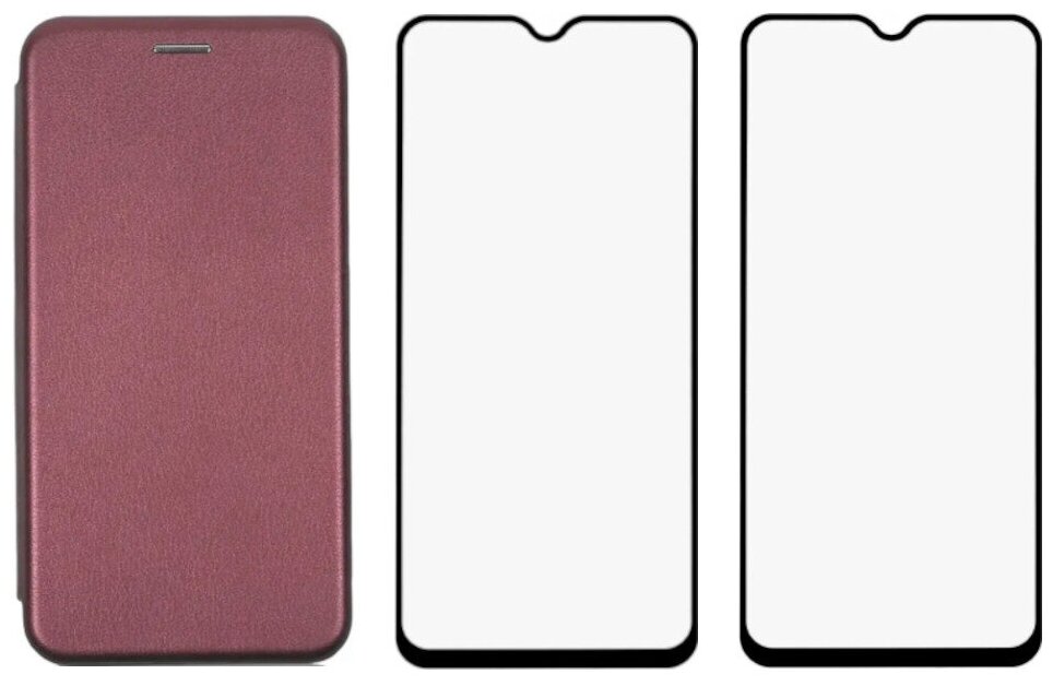 Комплект для Honor 10i / 20i / 20e / 20 Lite / Huawei P Smart +2019 : чехол книжка бордовый + два закаленных защитных стекла