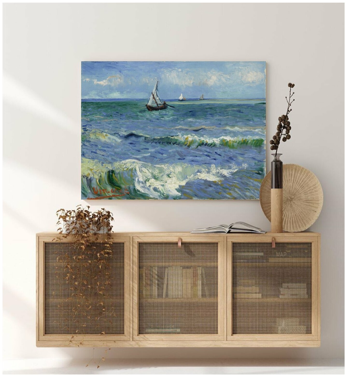 Репродукция Ван Гога "Морской пейзаж в Сент-Мари" / 45х60 / Интерьерная картина на холсте / в кухню / в спальню / в гостиную / на стену