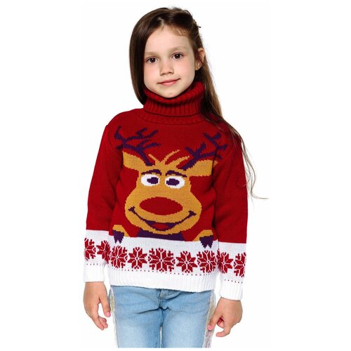 фото Детский вязаный свитер "оленёнок" (красный, размер 116) трикотята