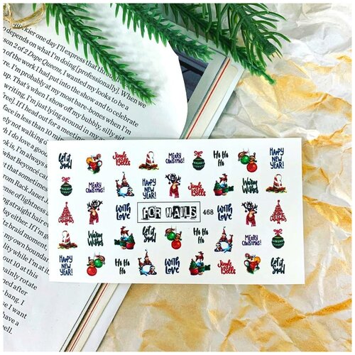 Слайдер (водные наклейки) для дизайна ногтей FN468 Рождество Слова Новый год Зима На белый фон