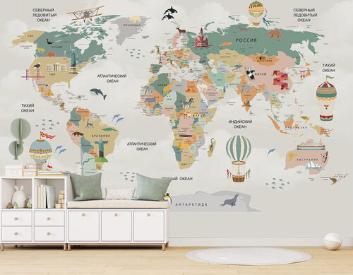Изображение товара Фотообои Флизелиновые с виниловым покрытием Детские Карта Мира и воздушные шары 400х270 см