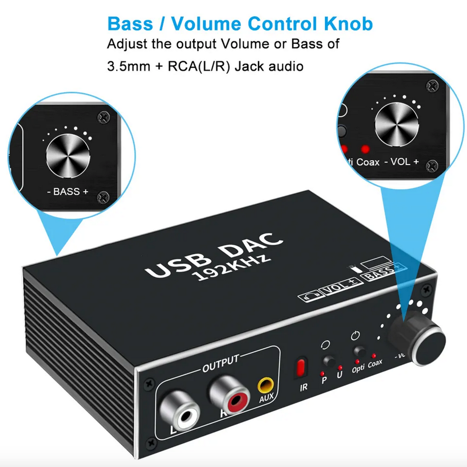 Цифро-аналоговый преобразователь декодер USB DAC 192kHz (S/PDIF Coaxial RCA AUX Vol Bass)