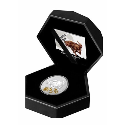 Серебряная монета 999 пробы (31.1 г.) 2 доллара Динозавры в Азии - Аврорацератопс в капсуле и футляре. Самоа 2023 Proof