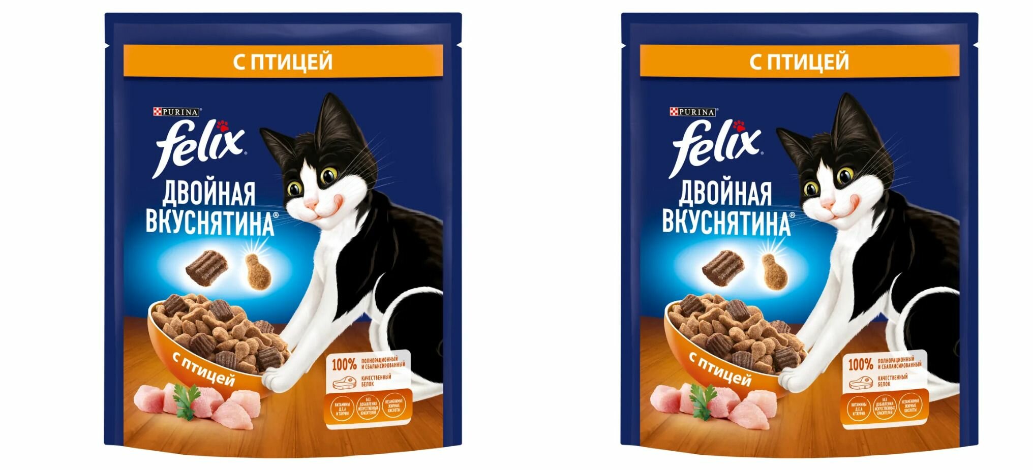 Felix сухой корм для взрослых кошек, с птицей Двойная вкуснятина, 200 г, 2 шт