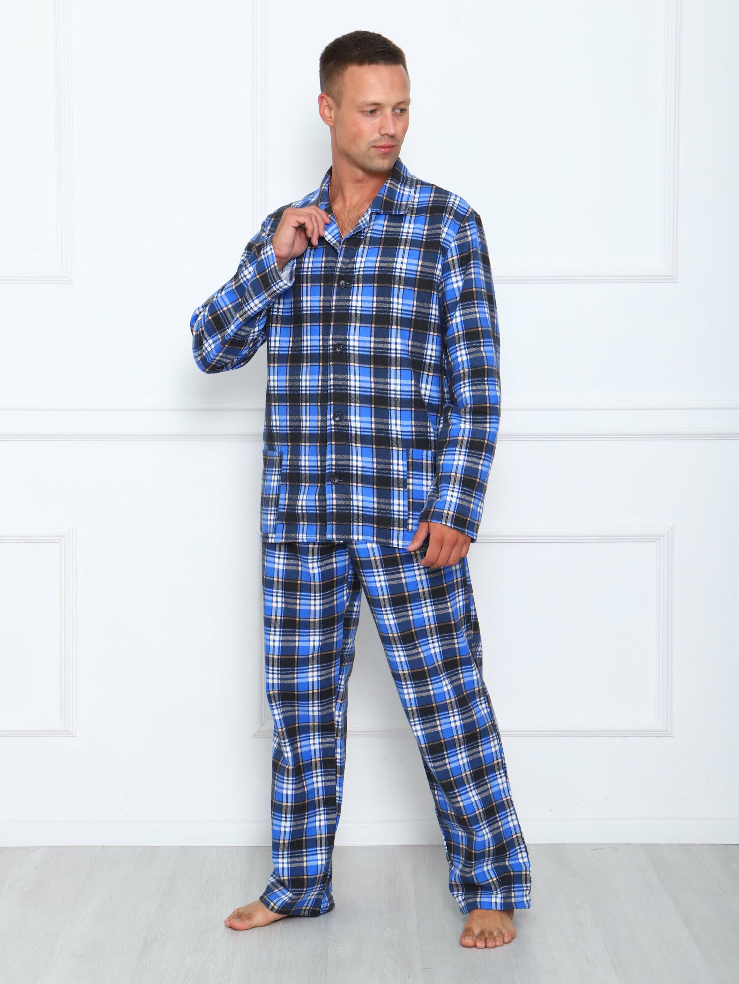 Пижама мужская в клетку из фланели,цвет голубой-60 - фотография № 6