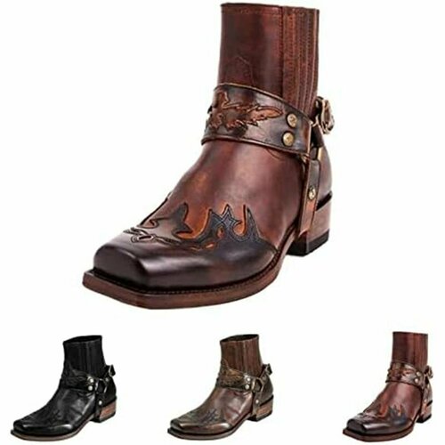 Мужские короткие ботинки с ремешком, Мужские Винтажные ковбойские сапоги, высокий каблук, заостренный носок