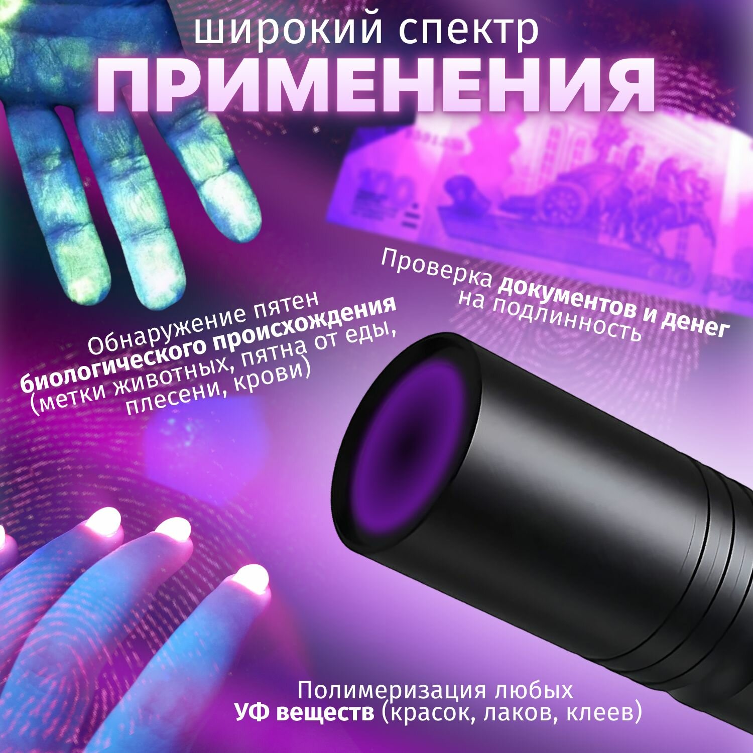 Ультрафиолетовый фонарик на аккумуляторе, компактный УФ фонарь, стекло Вуда — фото 1