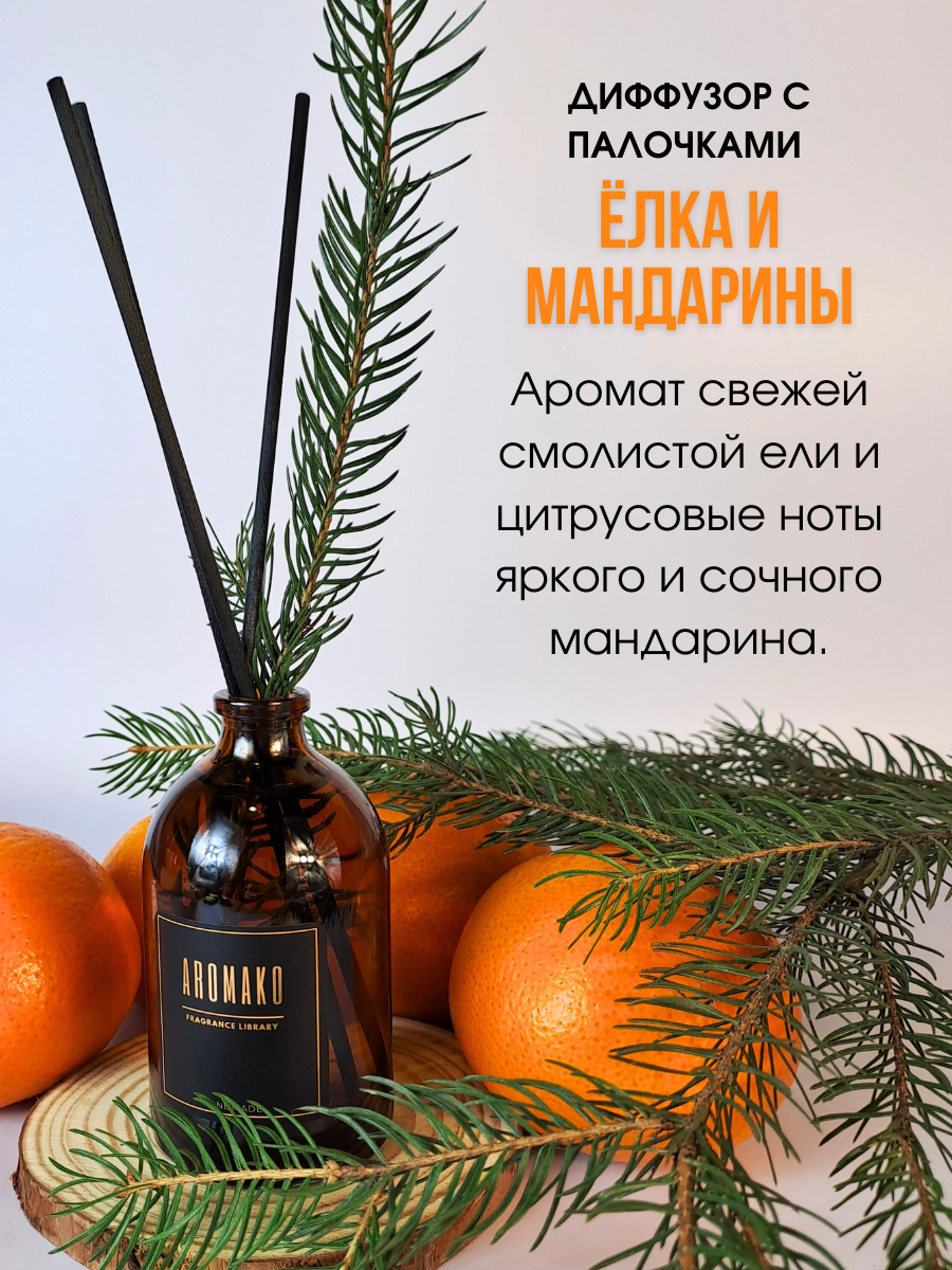 Подарочный набор аромадиффузор с палочками Ёлка и мандарин 50 мл, свеча Булочка с корицей 50 гр, подарочный бокс — фото 1