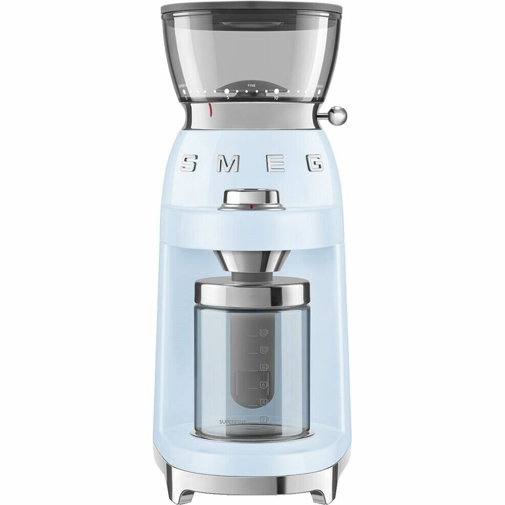 Кофемолка SMEG CGF03PBEU стиль 50-х гг 15 уровней помола конические жернова объем контейнера для кофе 240г пастельный голубой