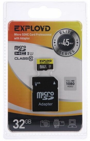 Карта памяти MicroSD, 32 Гб, SDHC, UHS-1, класс 10, 45 Мб/с, с адаптером SD