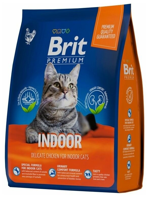 Сухой корм Brit Premium Cat Indoor премиум класса для домашних кошек с курицей 400г