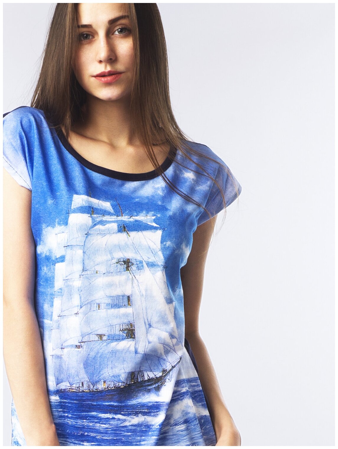 Комплект женский "парусник" футболка+бриджи кулирка темно-синий - фотография № 2