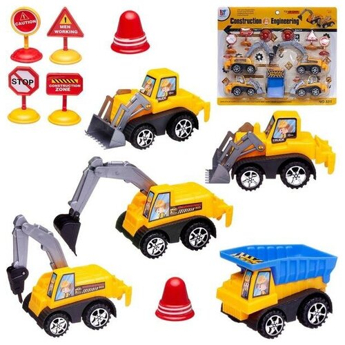 экскаватор volvo dickie toys 26см dg150321 игрушечный экскаватор на колесах с ковшом Игровой набор Junfa Строительная техника (5 инерционных машинок и дорожные знаки)