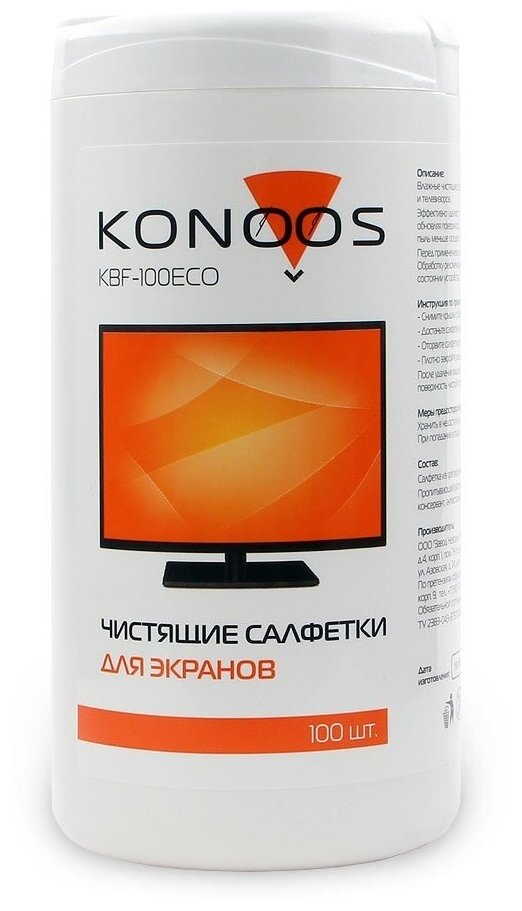 Туба с чист. салфетками для ноутбуков, LCD мониторов Konoos KBF-100ECO (100шт, влажные)