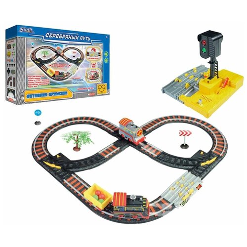 Железная дорога на бат., с двумя паровозами и светофором, длина дороги 308см (SW7209L) свет, звук (1шт)