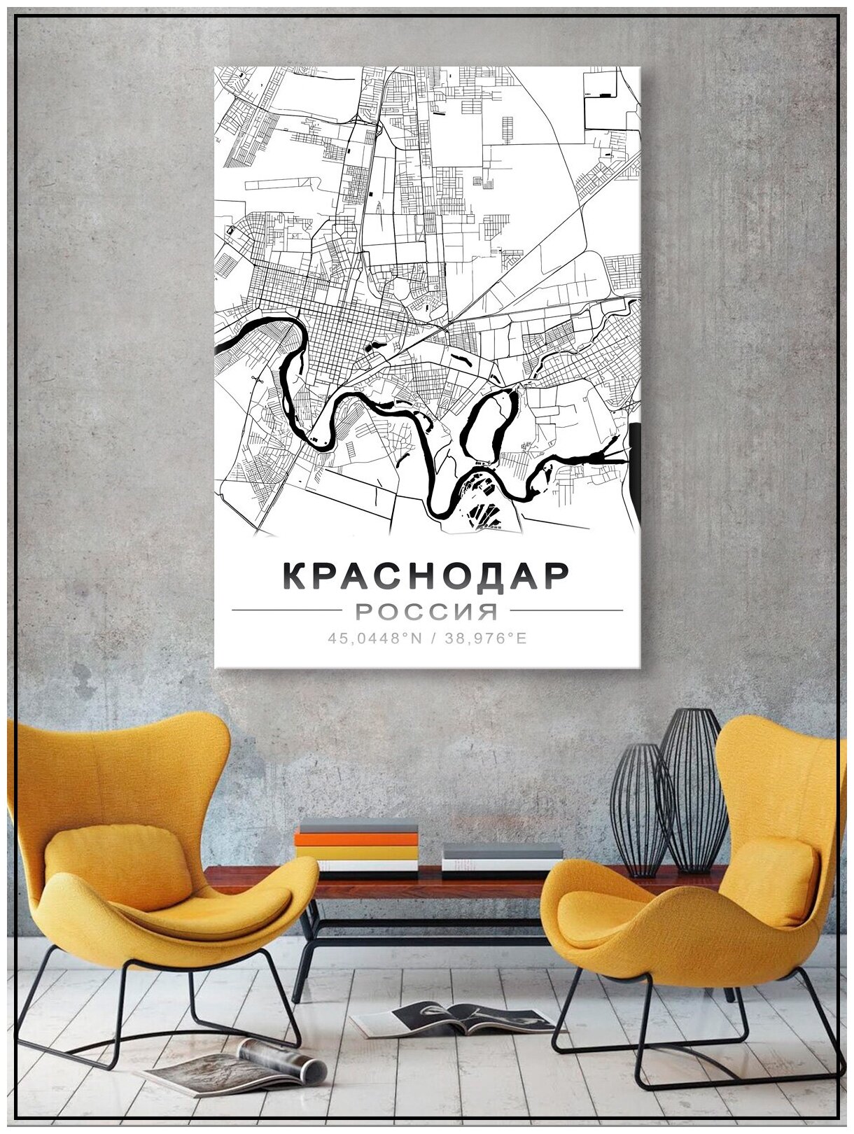 Картина для интерьера на натуральном хлопковом холсте "Карта Краснодара", 55*77см, холст на подрамнике, картина в подарок