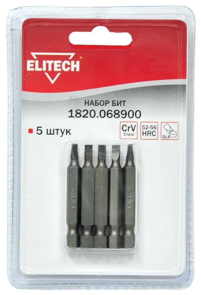 Набор бит Elitech 1820.068900, Slotted (SL) 4 мм, 5 шт.