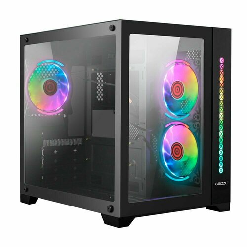 Компьютерный корпус GINZZU V350 Black, mATX, T.Glass, RGB Stripe, 3x120mm RGB