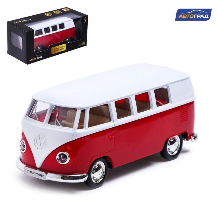 Машина металлическая VOLKSWAGEN TRANSPORTER T1, 1:32, открываются двери, инерция, цвет красный