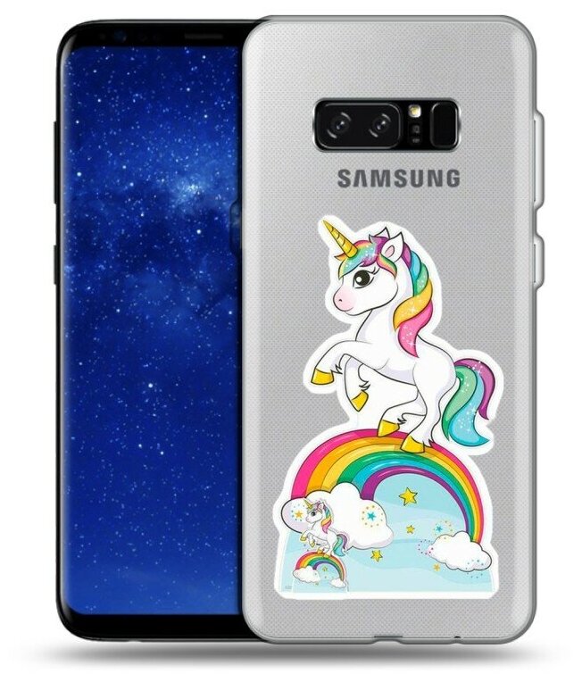 Полупрозрачный дизайнерский силиконовый чехол для Самсунг Гэлакси Ноут 8 / Samsung Galaxy Note 8 Единорог и радуга
