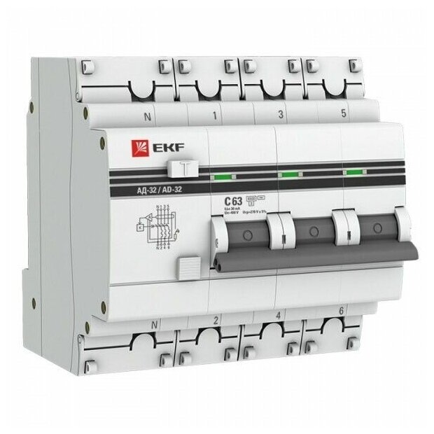 Дифференциальный автоматический выключатель (АВДТ) EKF 4-полюсный (3P+N) 63А хар. C 30мА тип AC 4.5кА эл, защ. 270В АД-32 PROxima (4,5 модулей)