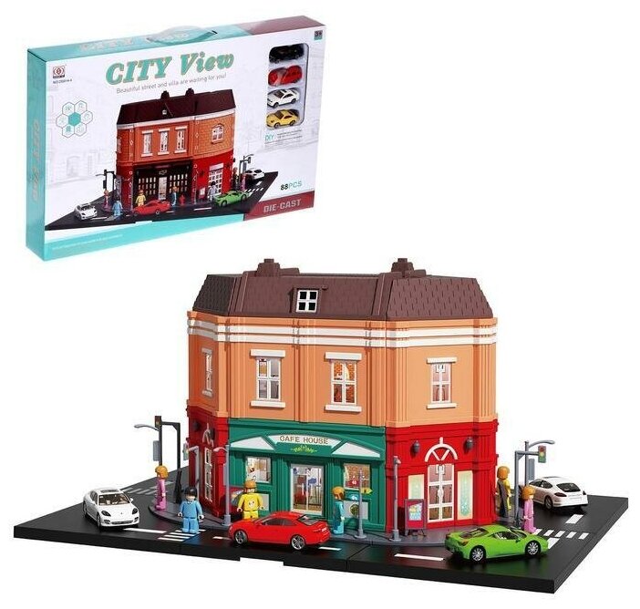 Парковка-конструктор "Город", 4 металлические машины + фигурки